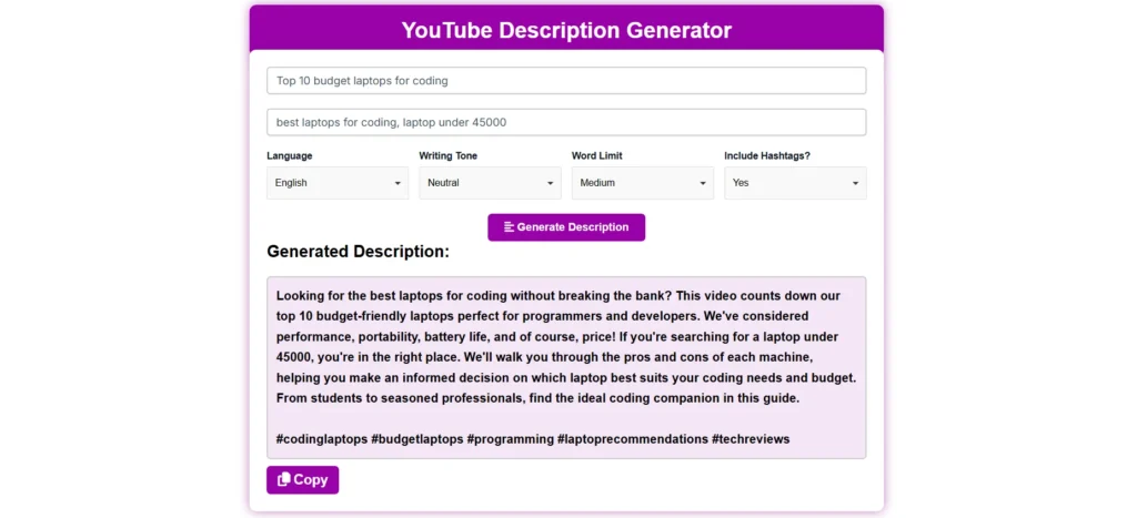 youtube description generator copy and paste