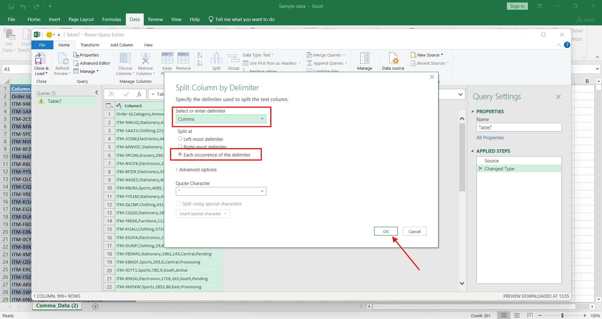 Split column by delimiter