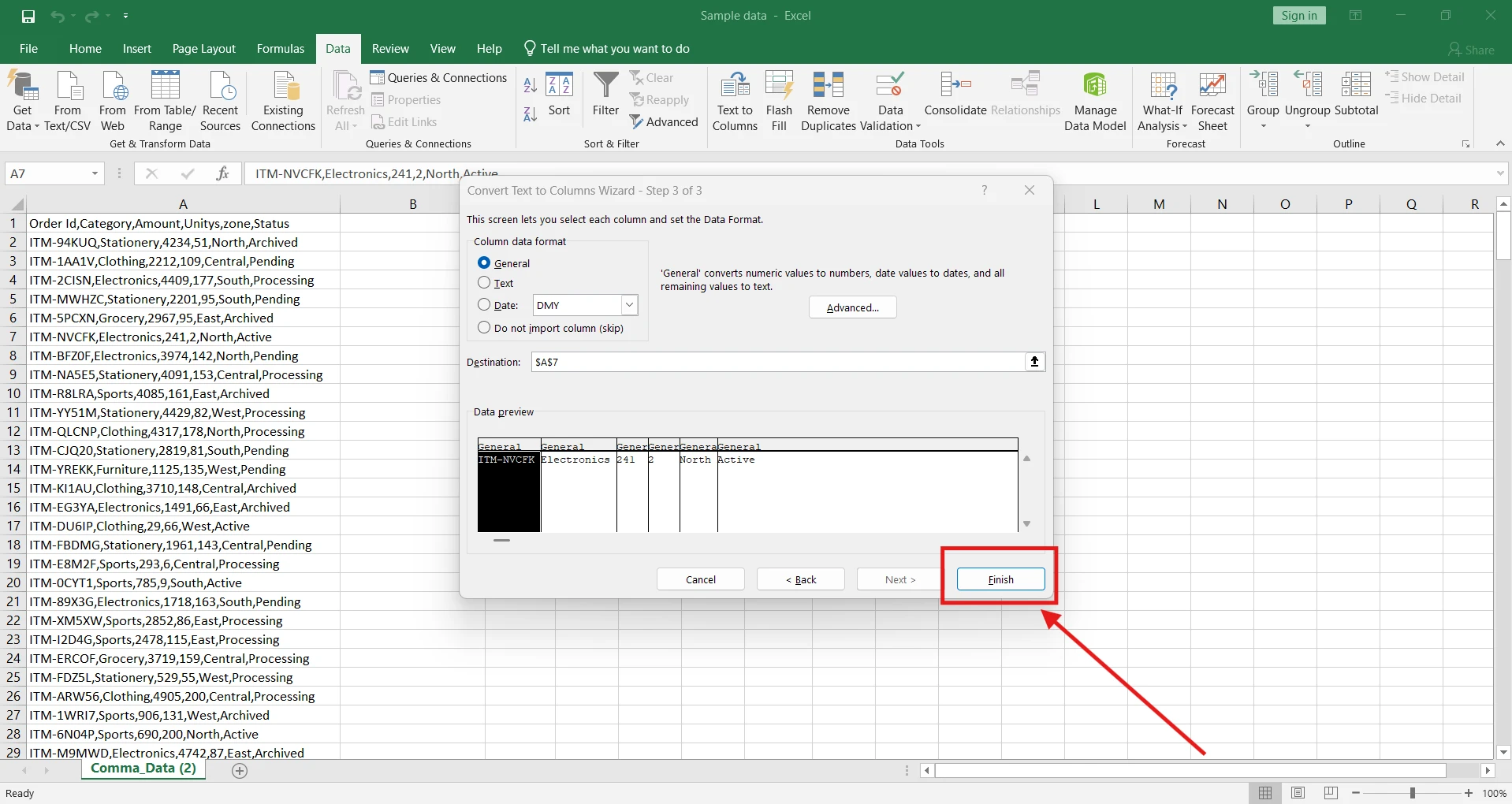 general or data type text to column