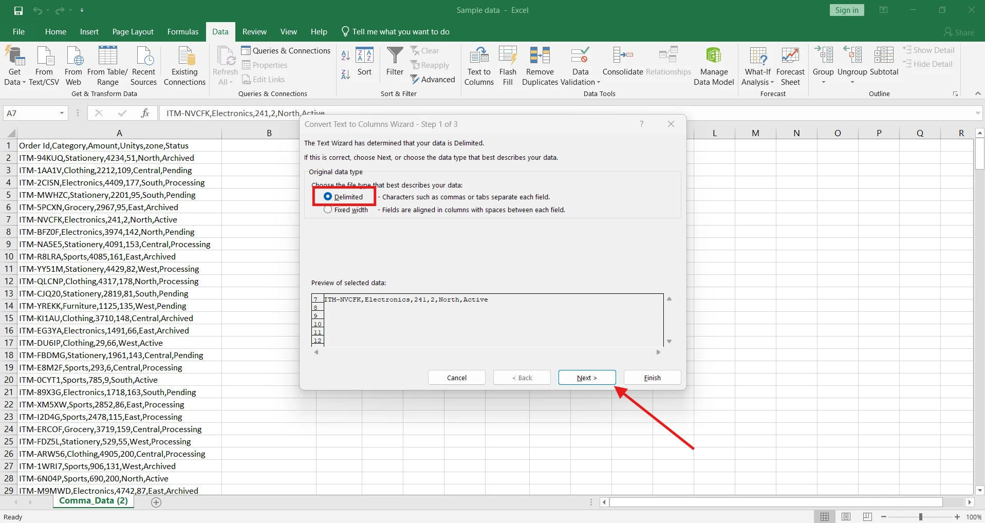 Click Text to Columns.