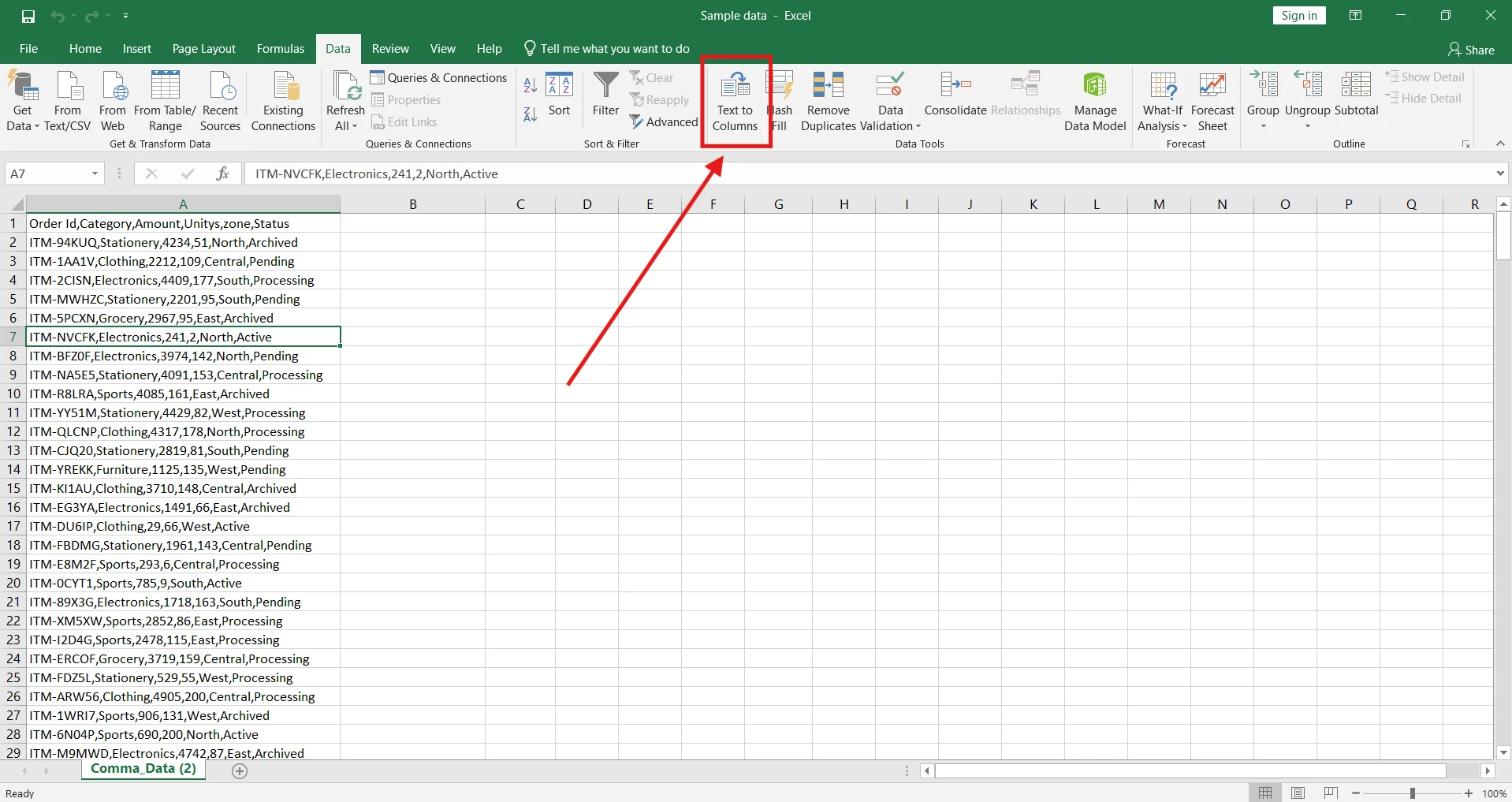 Data tab in the Excel ribbon