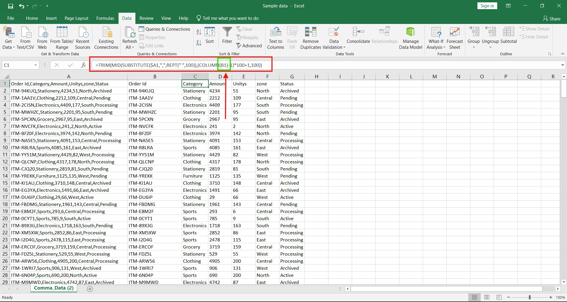 Formula for separating value into column