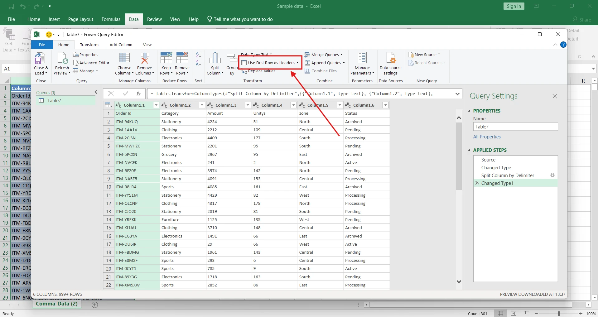 use first row as header