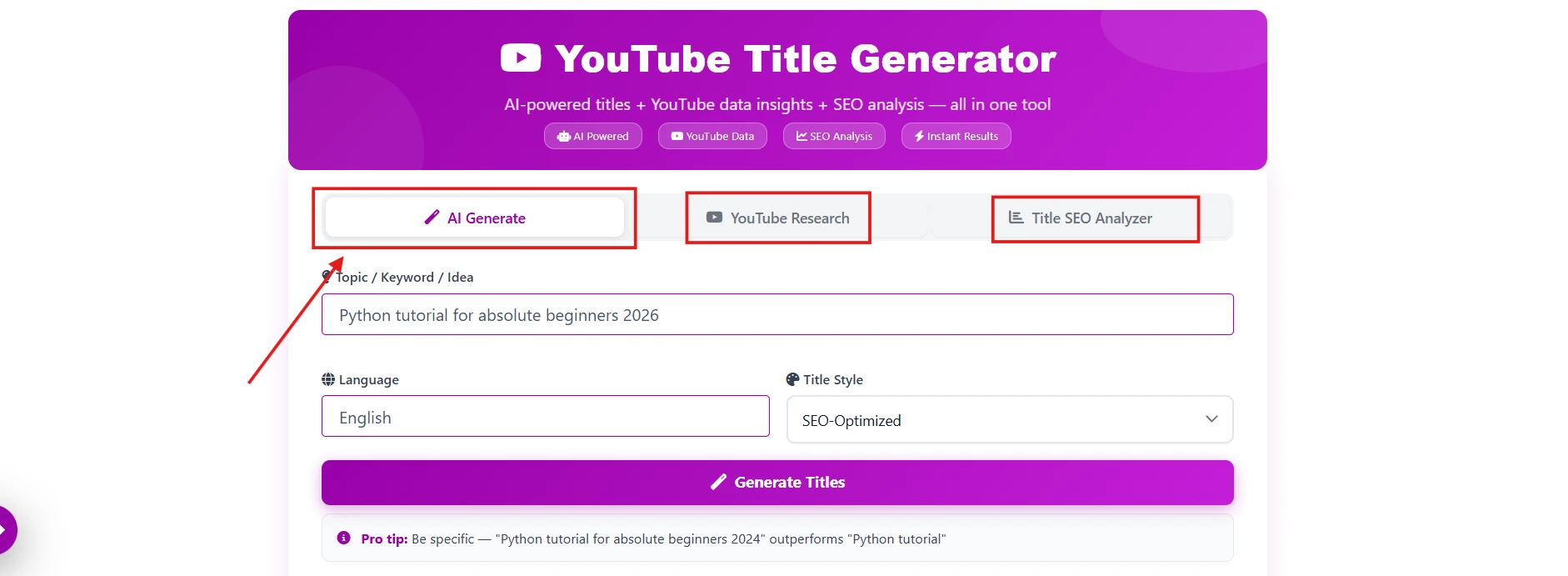 "Step-by-step guide showing how the AI YouTube Title Generator works, including AI title generation, YouTube research, Title SEO analysis, language and style selection, and title generation within 60